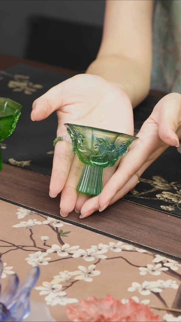 手工艺品琉璃绿色荷叶荷花高足盏