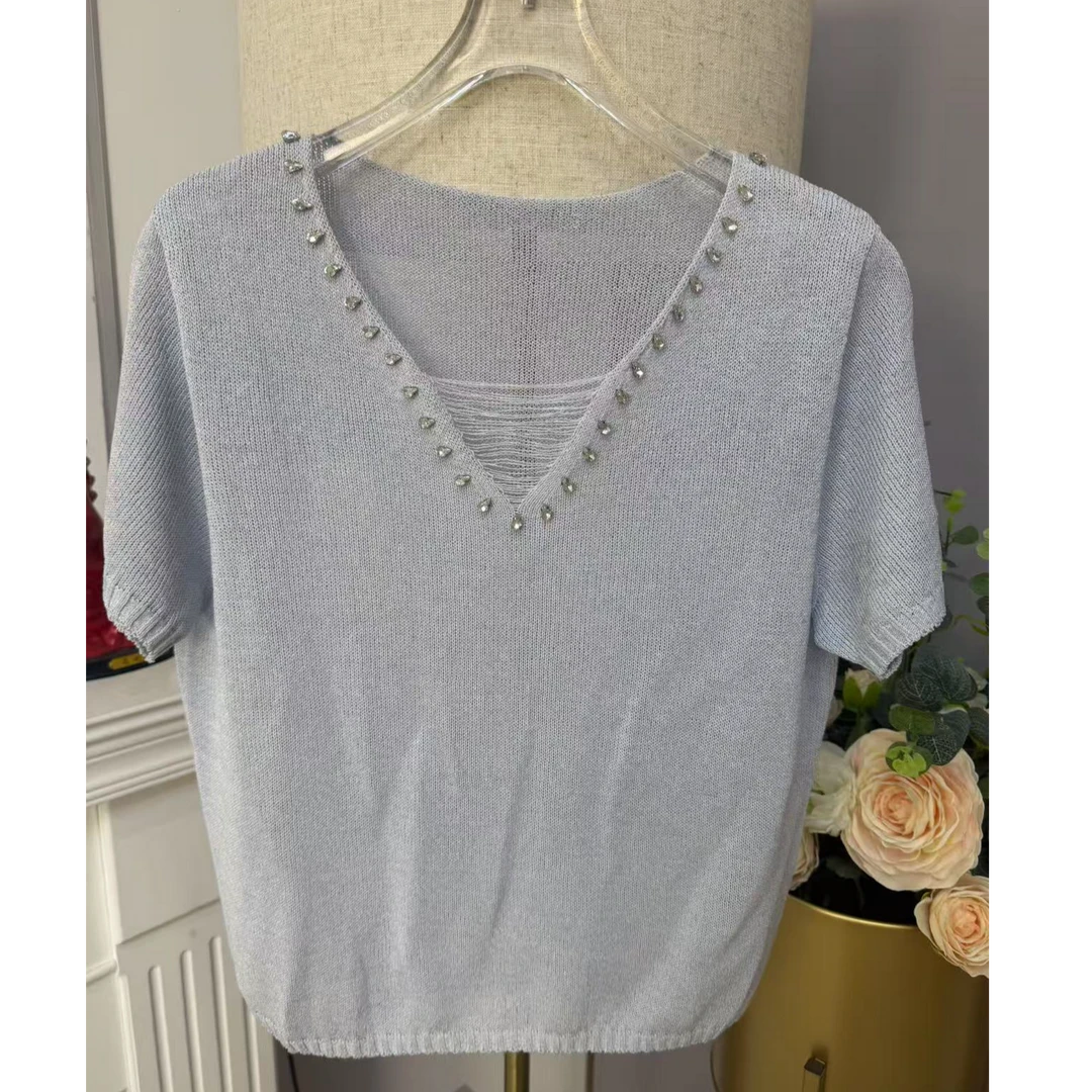 和纸纱薄款圆领针织新款百搭短袖纯色上衣时尚洋气7523