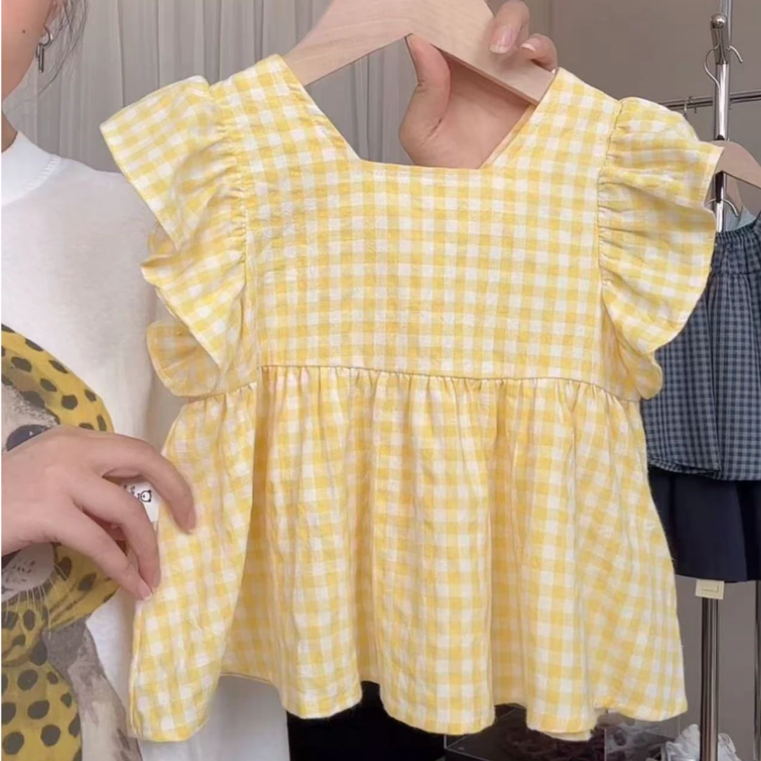 【现货在仓】韩版夏季短袖女宝上衣娃娃衫薄款格子小飞袖