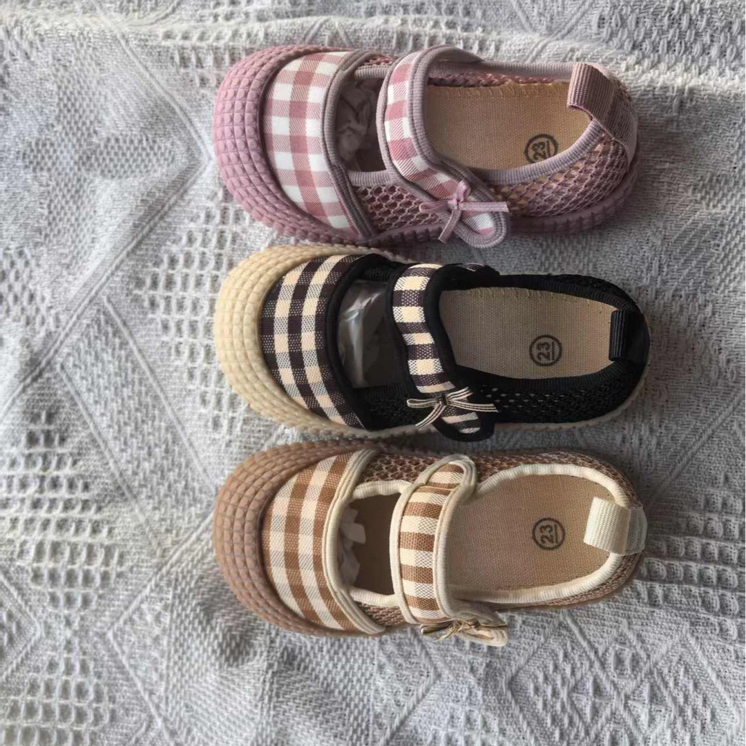 2025春夏新款儿童浅口童鞋魔术贴韩版格子拼接幼儿园室内鞋