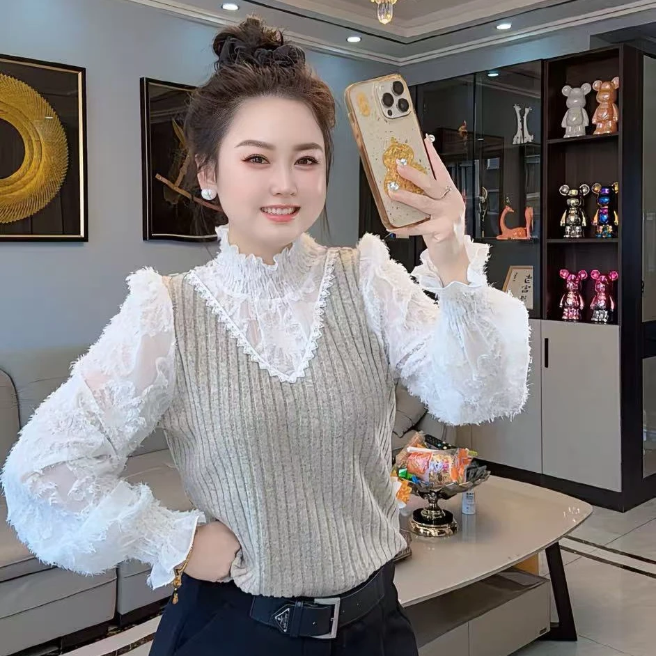 洋气减龄显瘦小衫秋季新款拼接蕾丝半高领长袖时尚打底衫