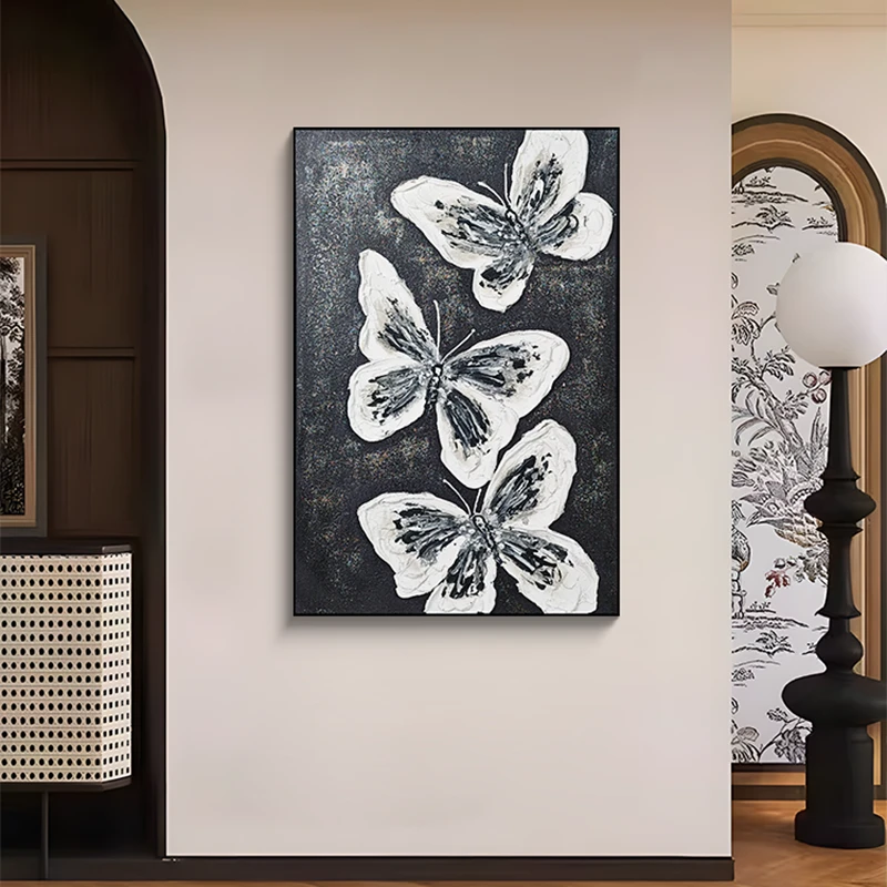 黑白灰蝴蝶客厅装饰画简约挂画肌理感手工油画玄关画卧室画80120