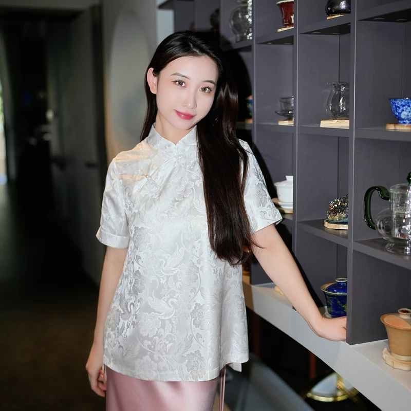 蓝大【月下歌】桑蚕丝新中式短袖上衣7781