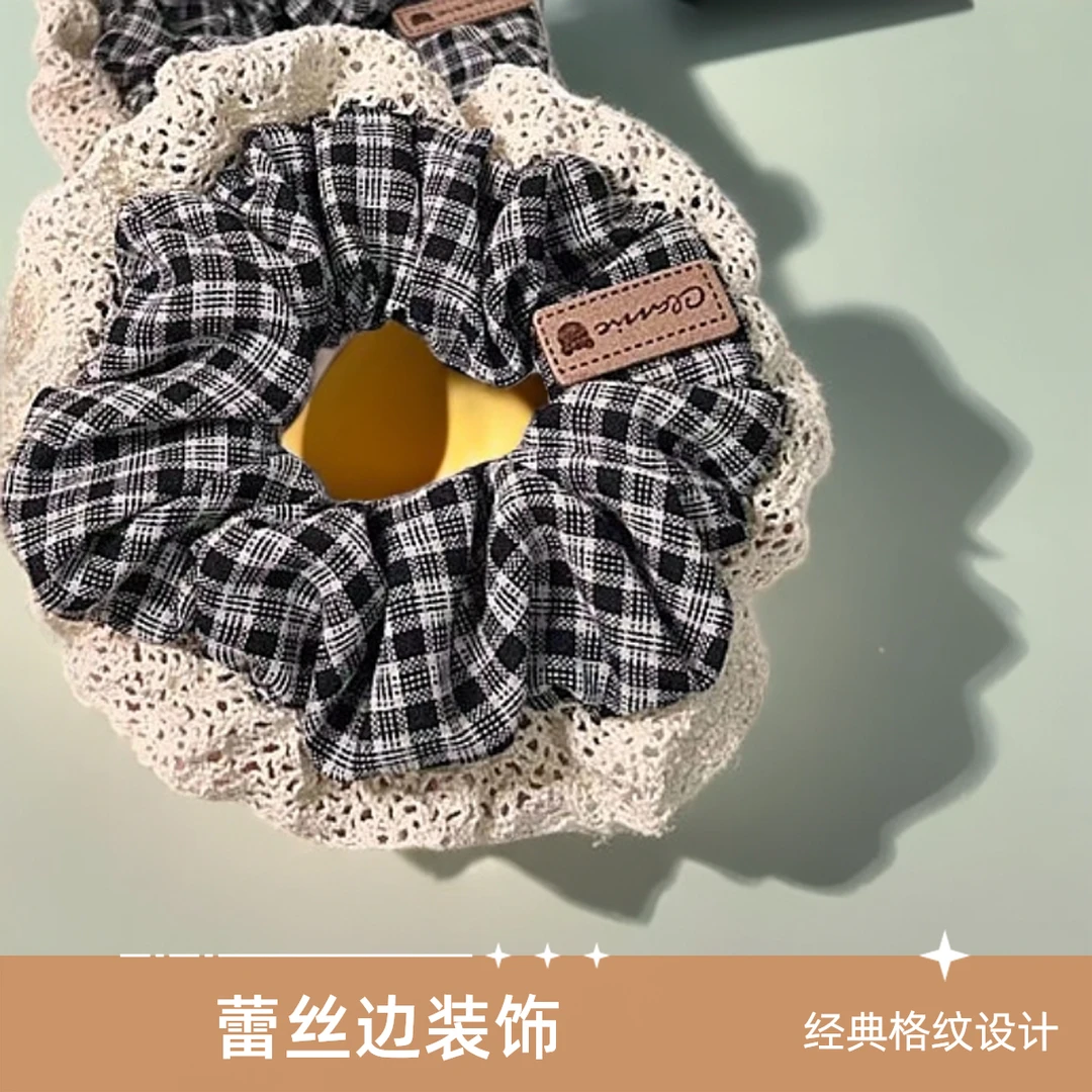 高颜值学院风蓝色格纹发圈大肠发圈洋气法式复古蕾丝头绳柔软高档
