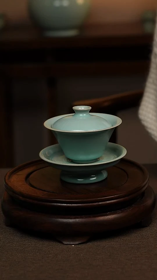 瓷片仿古青绿釉全手工三才斗笠盖碗100ml 一级礼盒包装