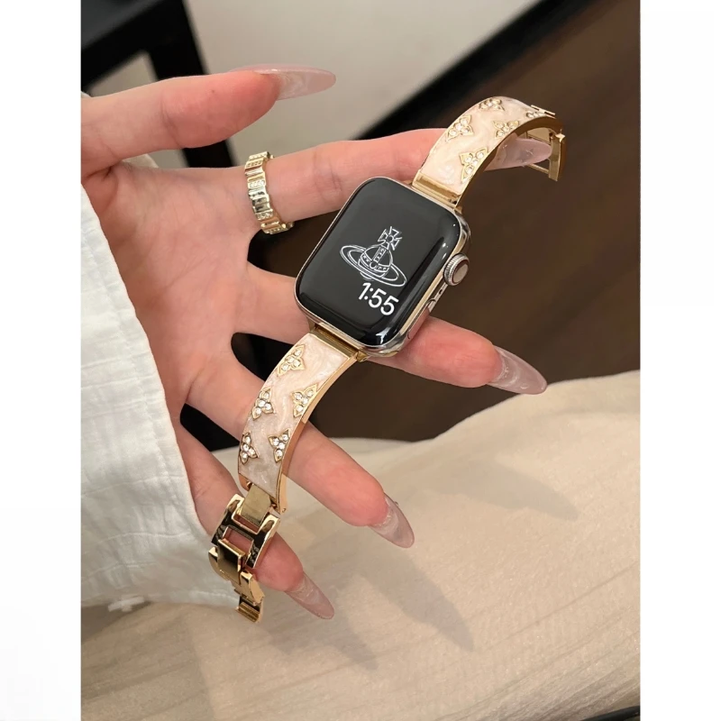 珐琅轻奢鎏金镶钻金属iwatch表带s10适用applewatch9苹果手表SE87