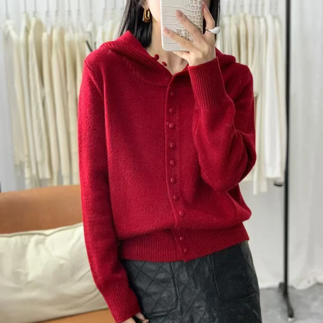 韩系高货软糯连帽扣子开衫上衣女秋冬高级感慵懒风针织衫毛衣A358