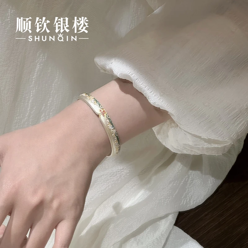 顺钦银楼 足银珐琅手镯 【锦舟鸣手镯】足银999.9国风精致开口手镯