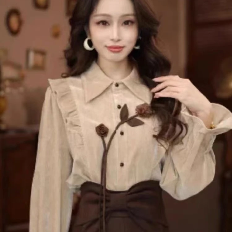 港风复古气质纯色衬衫女2024秋冬新款通勤百搭衬衣宽松显瘦上衣潮
