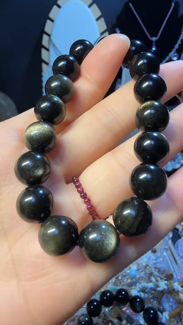 未镶嵌黑曜岩手串天然金曜石手串12mm+多样性发一