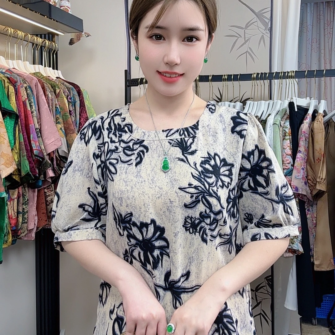 【白莲花】2025新款气质百搭显瘦时尚夏季透气印花圆领短袖上衣