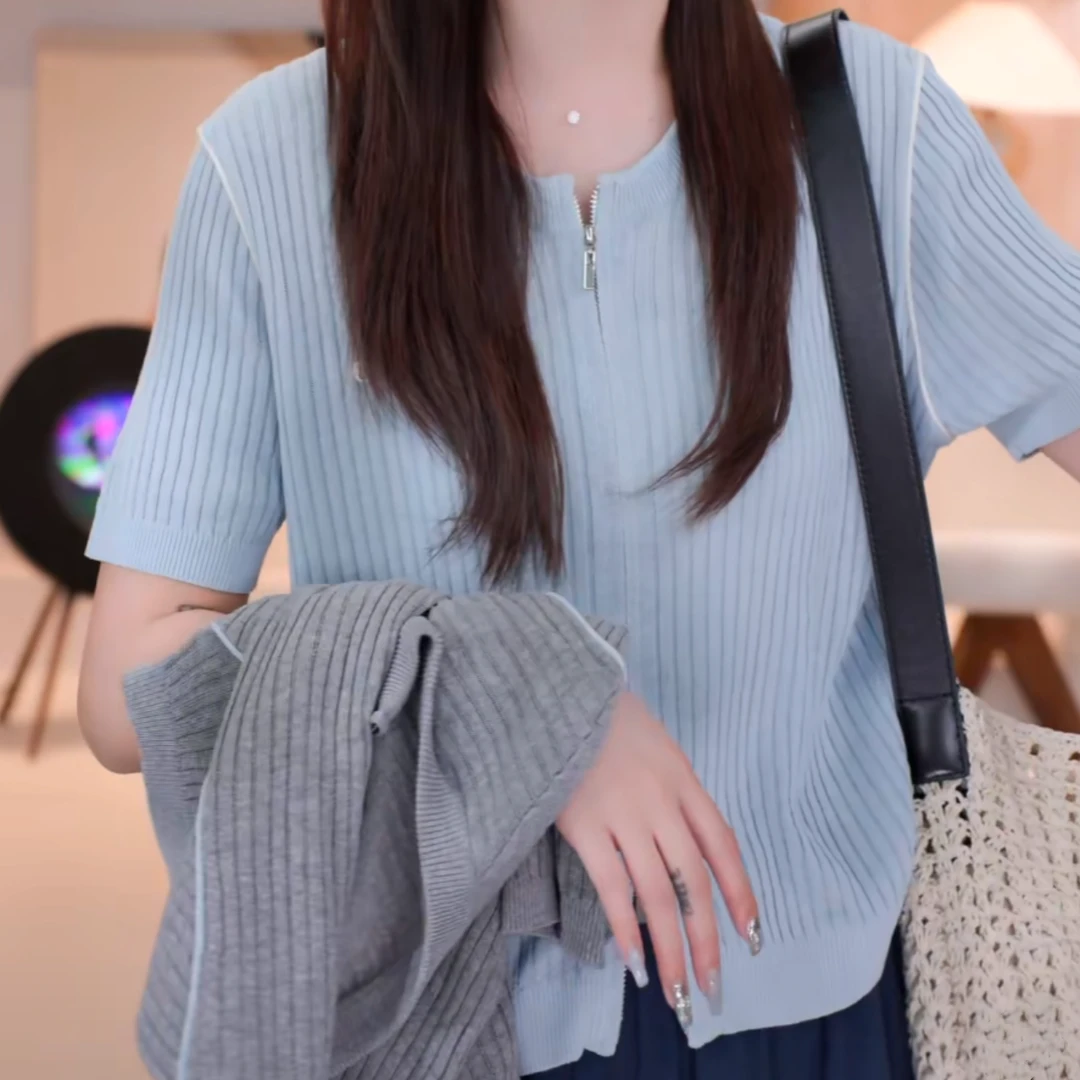 慵懒风小个子双开拉链小标针织衫女2025夏季新款时尚休闲短袖上衣