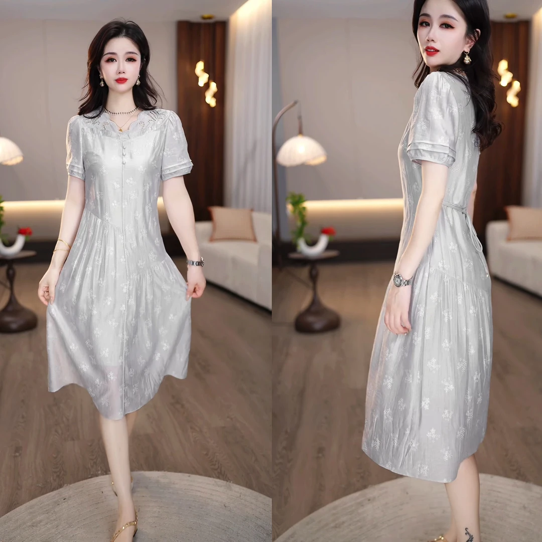 2025夏款灰色气质时尚优雅复古显瘦收腰洋气修身女士连衣裙M-4XL