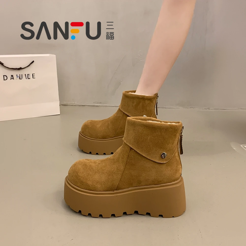 三福法式厚底短靴女秋冬加绒小个子增高2025新款美拉德瘦瘦骑士靴