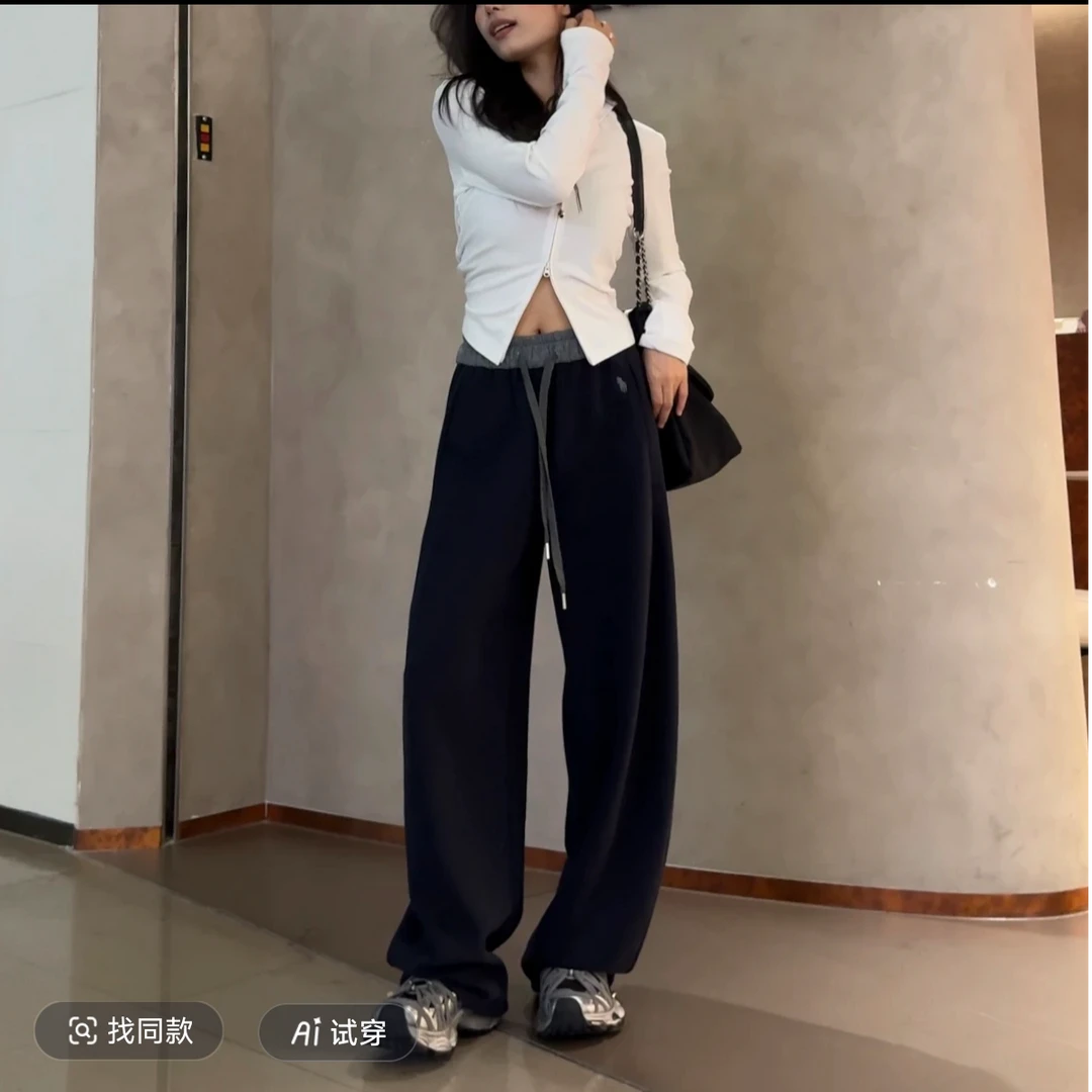 刺绣拼色高腰束脚两穿阔腿卫裤女一裤两穿拖地裤