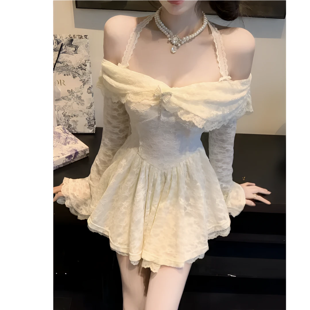 大码法式纯欲风甜美春季收腰显瘦一字肩挂脖性感蕾丝连衣裙10728