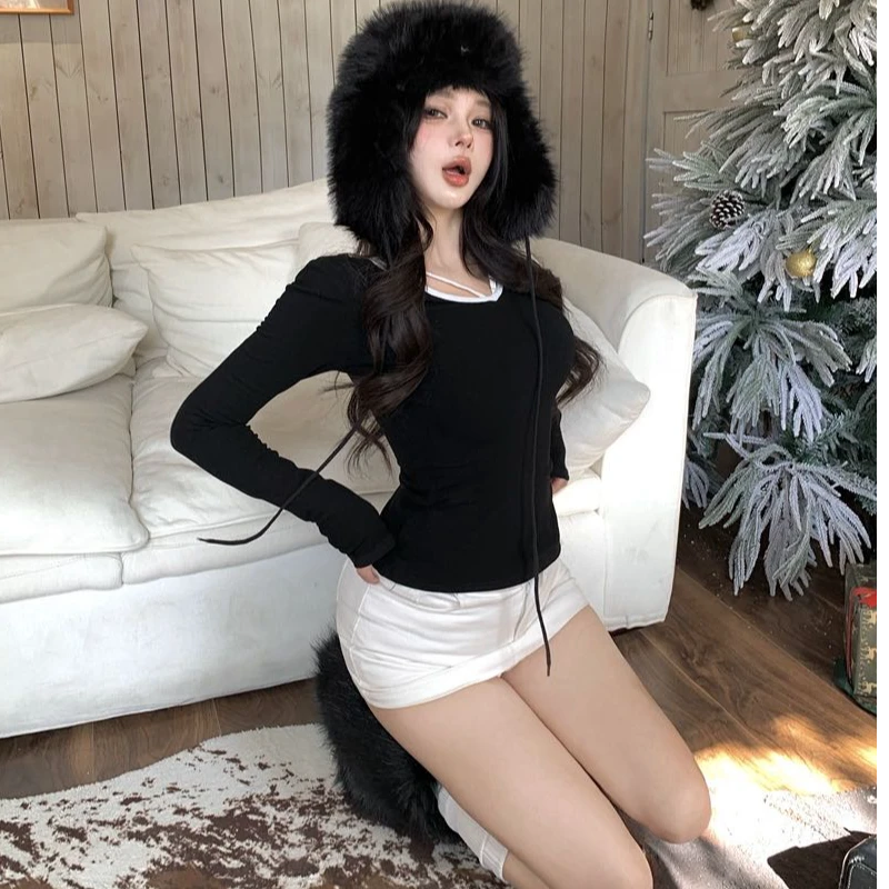 辣妹露背镂空V领挂脖长袖t恤女2025冬季新款性感纯欲风修身打底衫