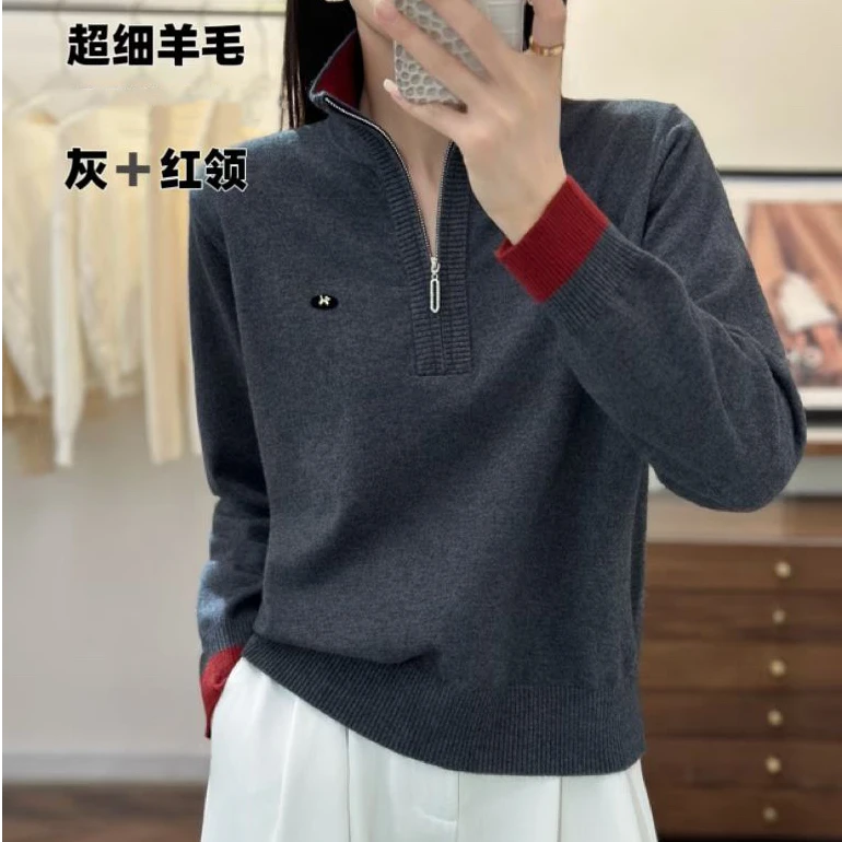 2025新款时尚领子拼色款长袖针织衫