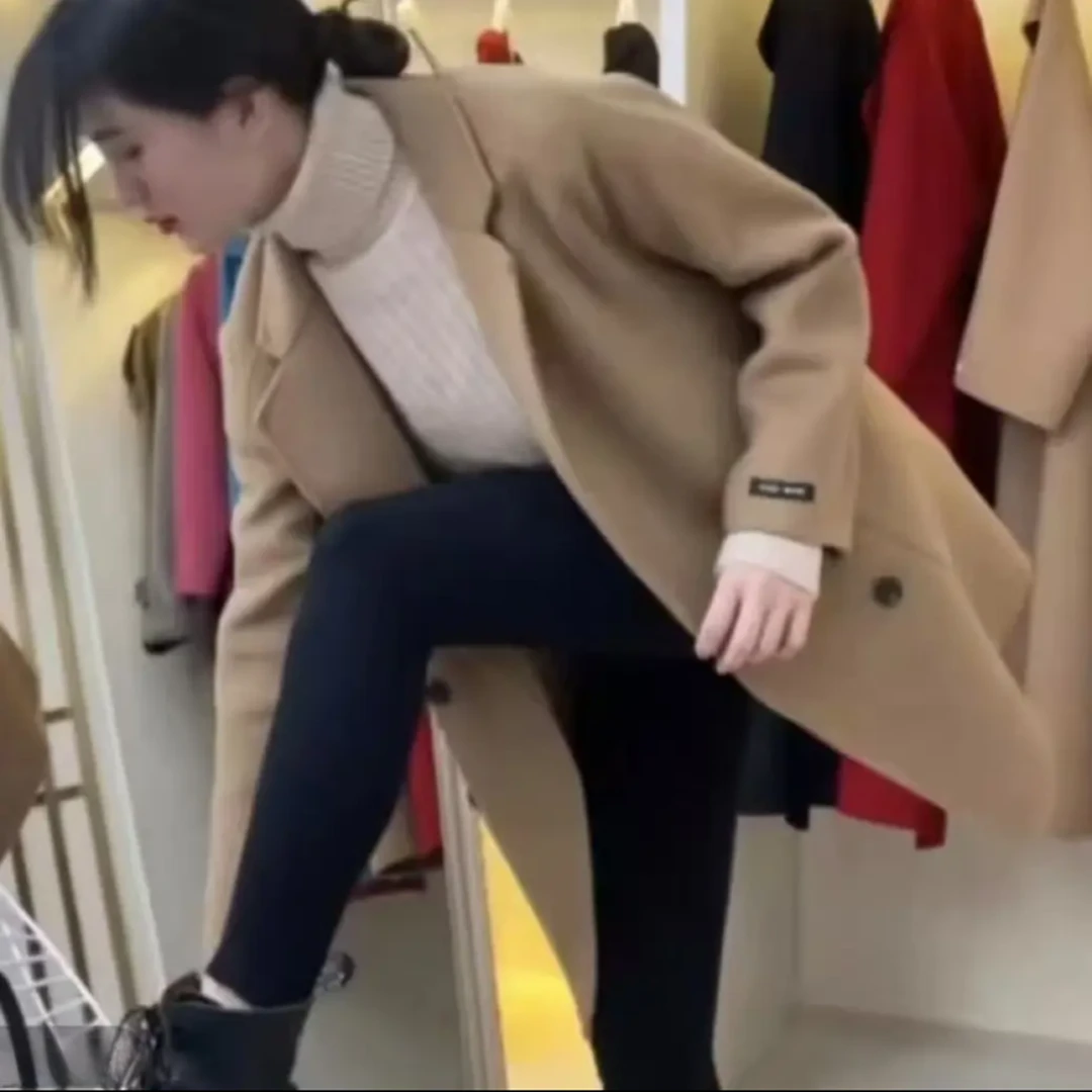 2090#秋冬女中长款双面毛呢外套显瘦百搭高级感时尚休闲风.
