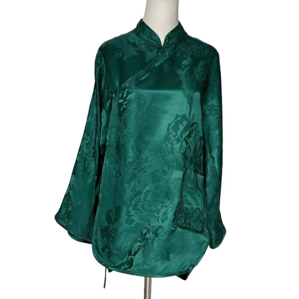 日常宽松气质时尚绿色新中式中国风提花复古重磅斜襟上衣H-1122