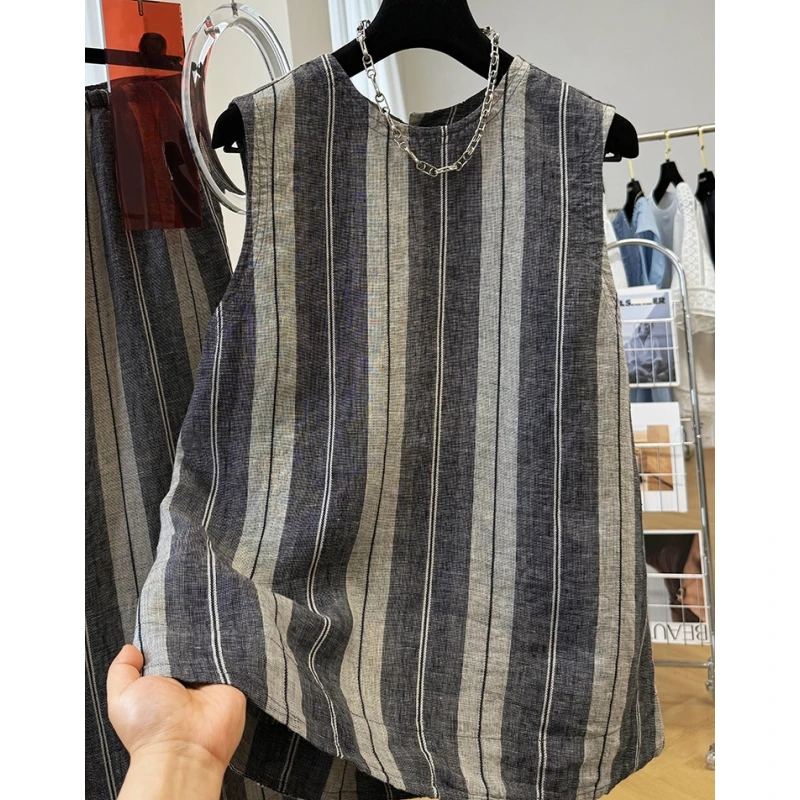 高端亚麻条纹马甲背心女夏季外穿单穿漏背小心机无袖上衣气质小衫