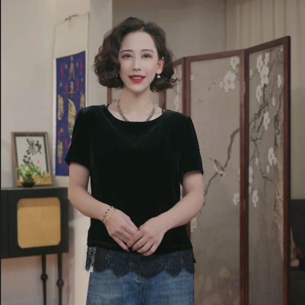夏季100桑蚕丝真丝丝绒新中式时尚百搭圆领三分袖圆领T恤C113