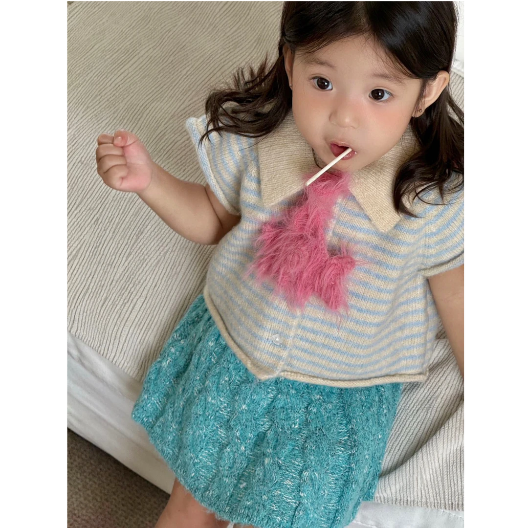 小思家女童2025秋冬新款韩版洋气蕾丝打底衫条纹马甲半身裙套装