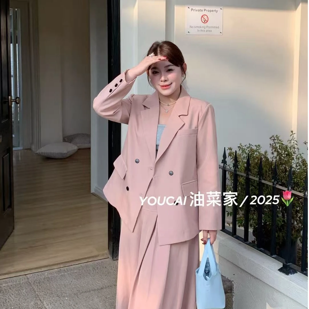 学院风平驳领常规款双排扣女西装套装女士气质小众春季宽松（Y860
