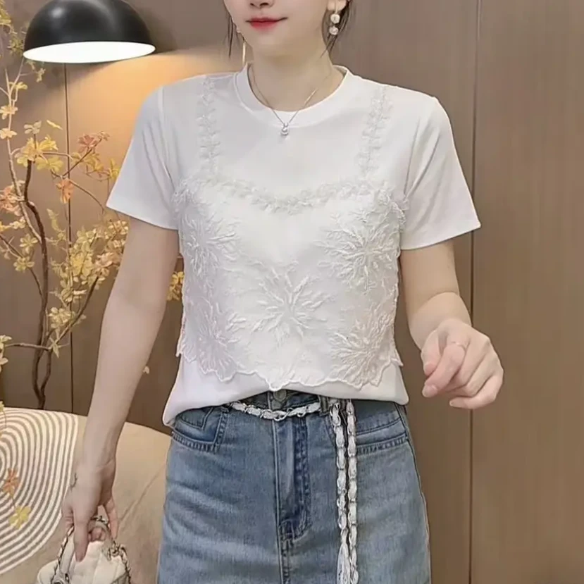 夏季新款时尚洋气圆领短袖T恤蕾丝钉珠假两件减龄休闲百搭上衣女