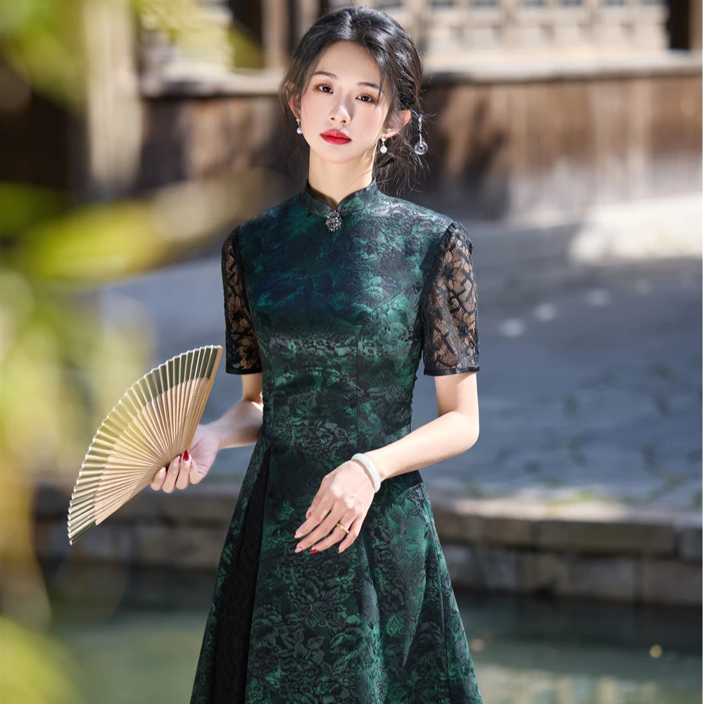 春夏新款高端黑绿奥黛中国风旗袍长款修身显瘦日常高级感旗开得胜