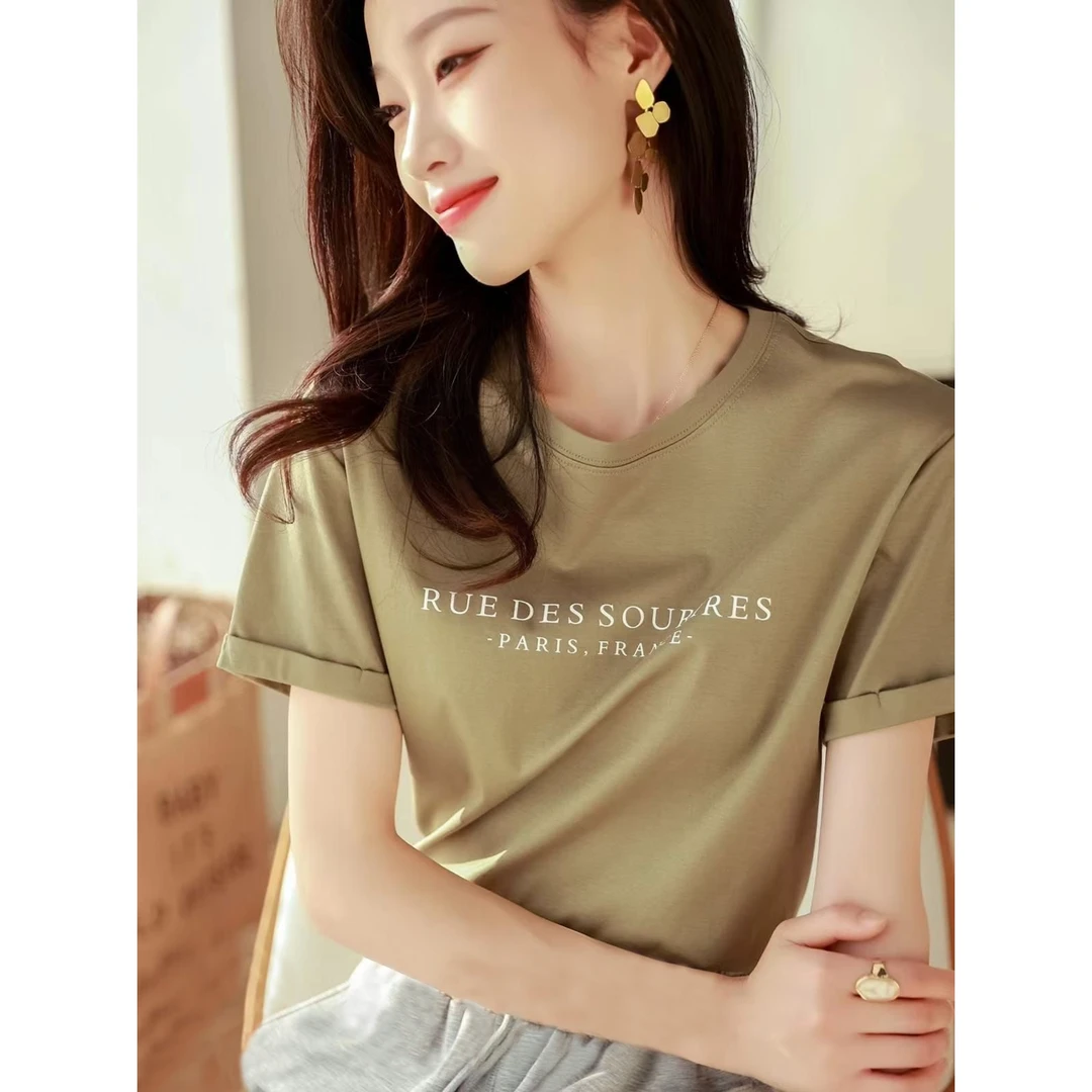 柜台2&09~自留！面料太赞！丝光长绒棉撞色字母凉爽短袖T恤女L41501