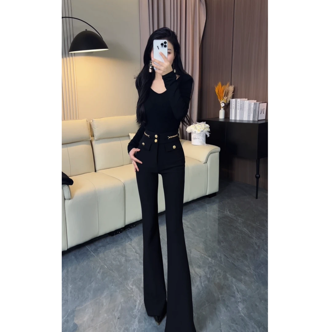 高腰百搭修身显瘦黑色微喇裤  8890