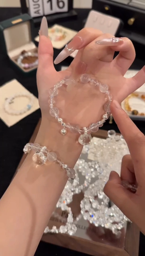 水晶手链银S925镶嵌Kitty奶白晶x2391