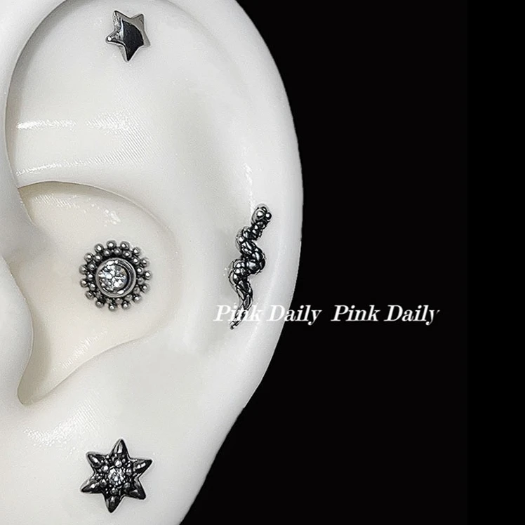 合金耳饰 Pink Daily做旧复古太阳星星耳骨钉螺纹耳蜗钉