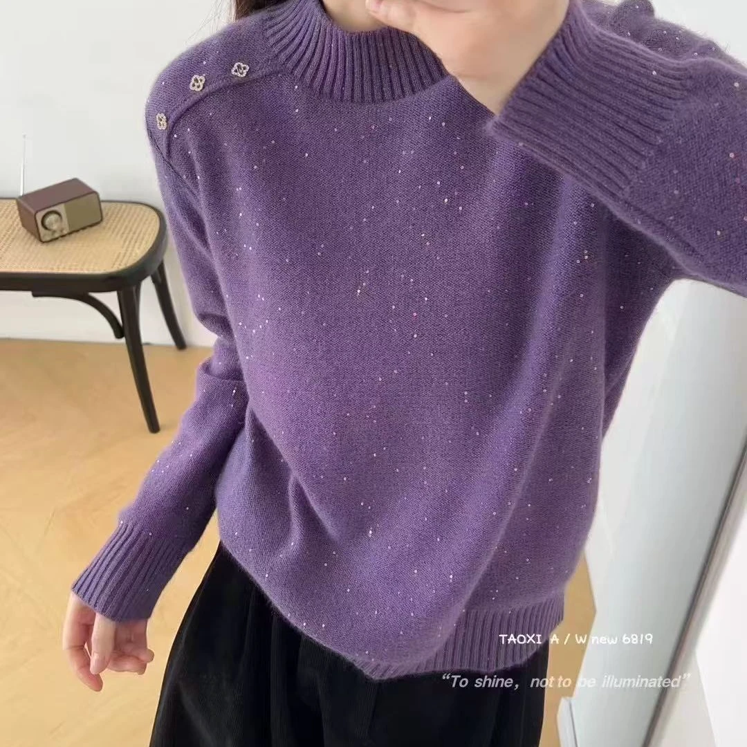 【以直播间为准】浣熊套头毛衣女肩膀钉珠纯色2024新款GHJ