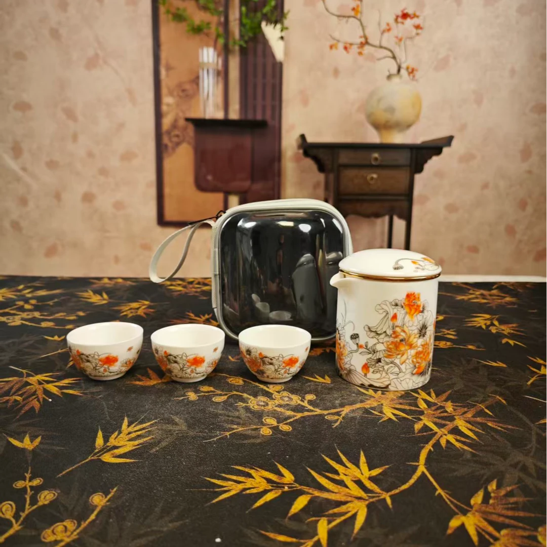 SL瓷理陶里水墨金荷一壶三杯旅行茶具KK 0355