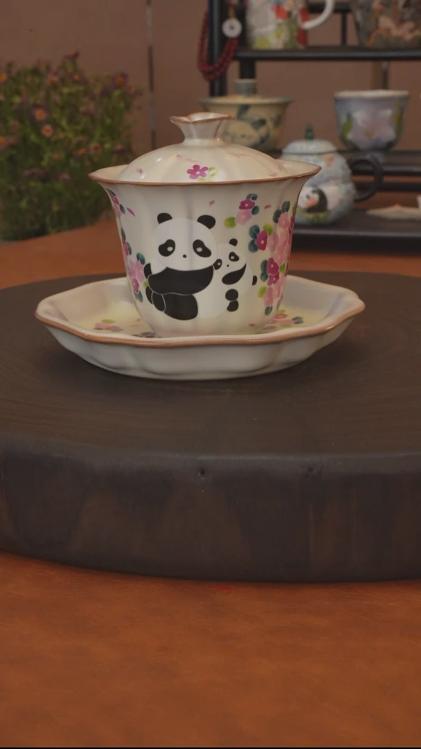 猪油冻系列 梅花三才盖碗带开片