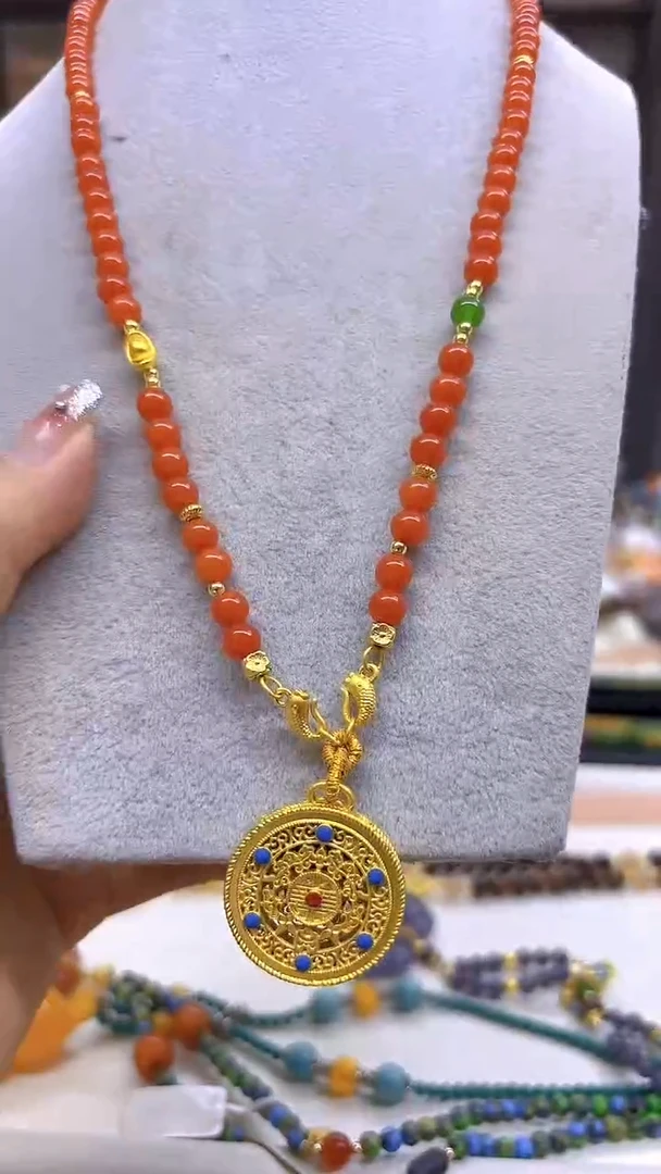 南红玛瑙银S925镀金镶嵌毛衣链DIY款M613