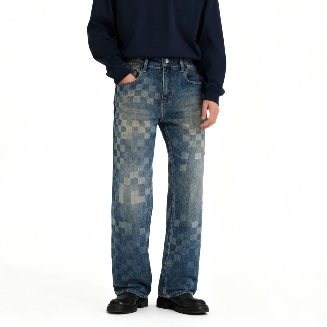 BIARBAOLIY秋季中腰男士后兜刺绣牛仔裤韩式宽松长裤复古直筒裤男