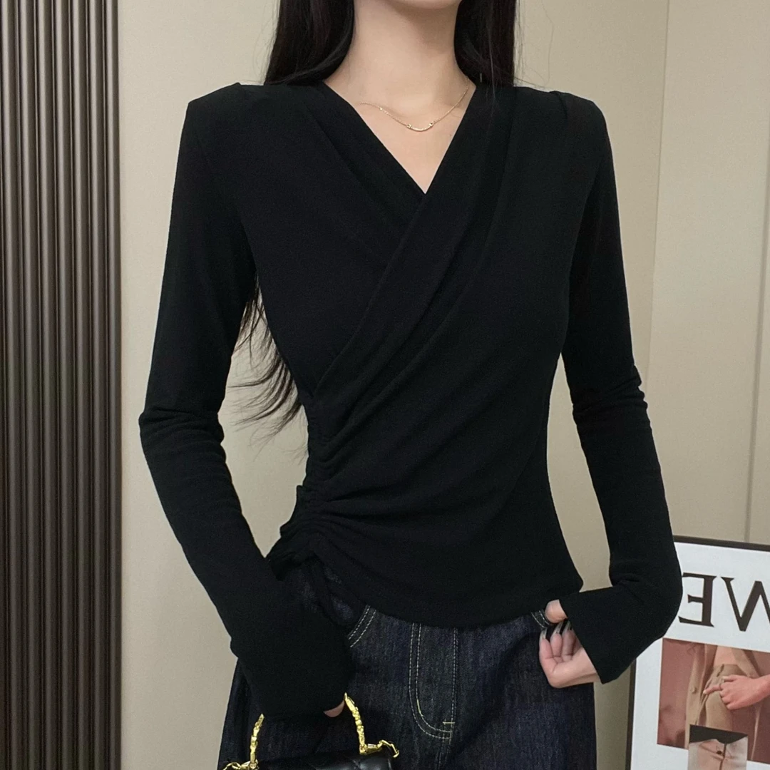 【现货哦】双面加绒加厚不规则褶皱V领女时尚收腰显瘦打底长袖T