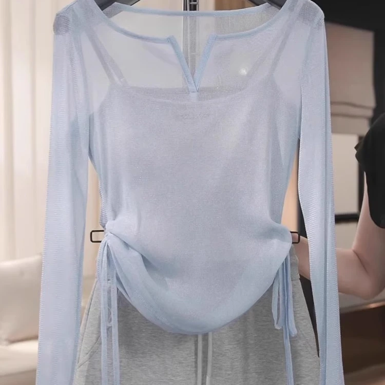 蓝色V领防晒长袖t恤女2025夏季新款抽绳收腰显瘦短款上衣空调罩衫
