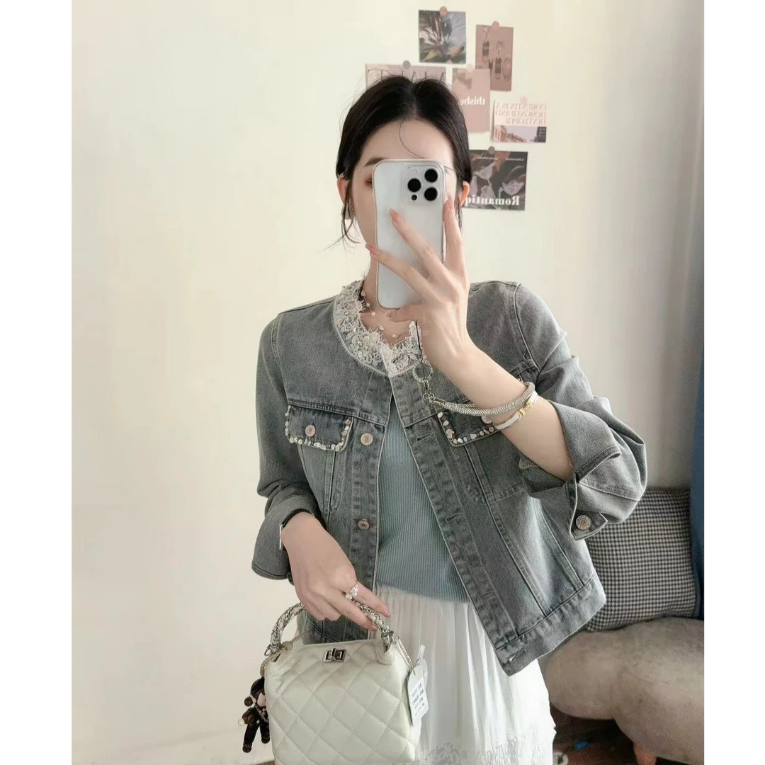 2025年春装新款时尚圆领蕾丝边牛仔外套女洋气短款小个子潮
