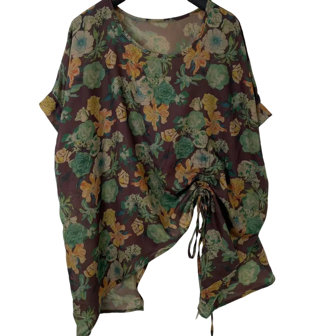 恬小霓（玲玲姐精选）3720/咖底/黄绿花/抽绳/薄款/小衫/圆领/百搭