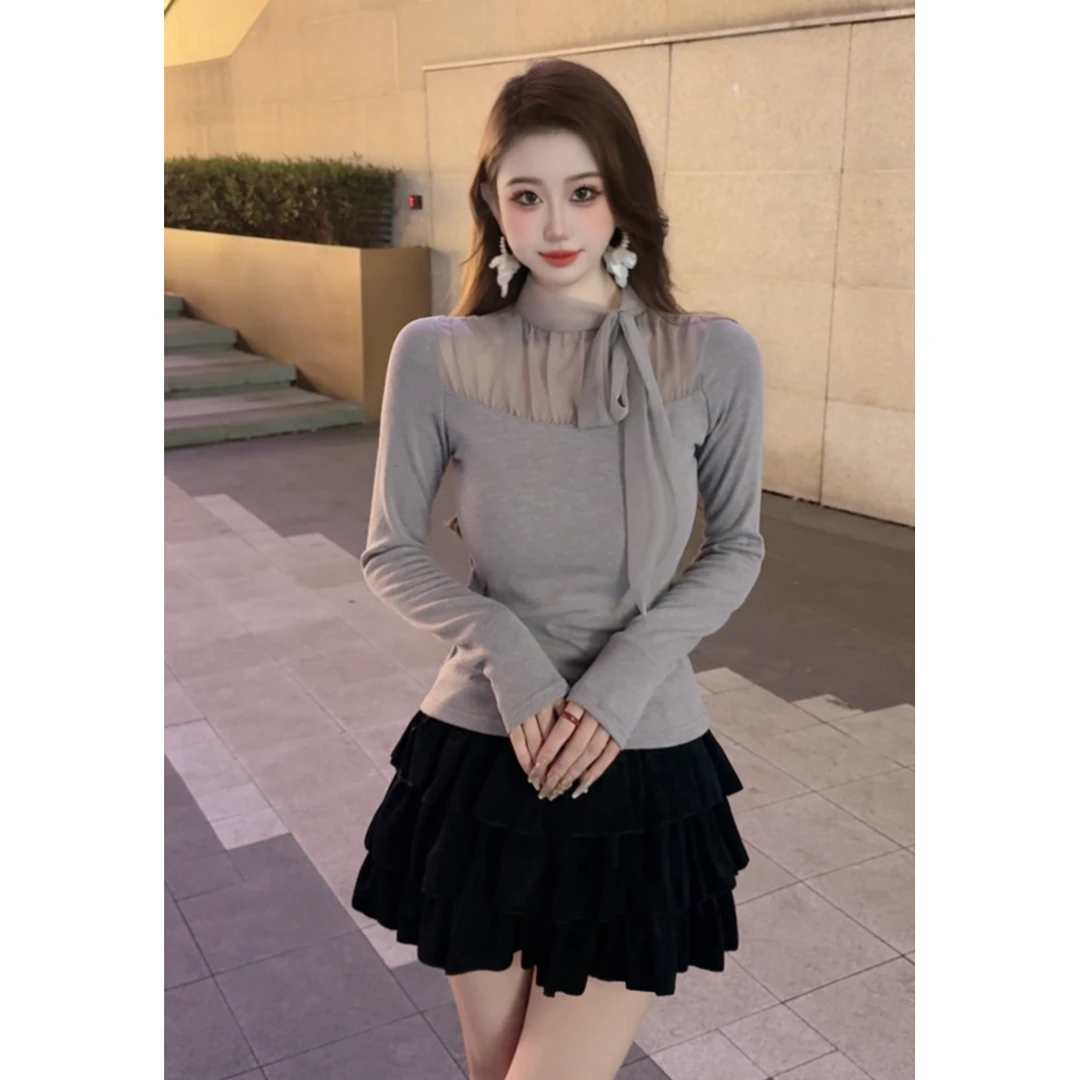 针织毛针织衫长袖蝴蝶结打底衫秋季显瘦秋冬纯色高领