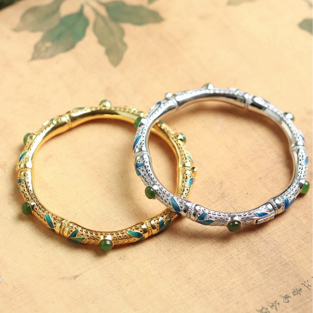 S925银 时尚珐琅彩和田碧玉手镯（多样性发一）