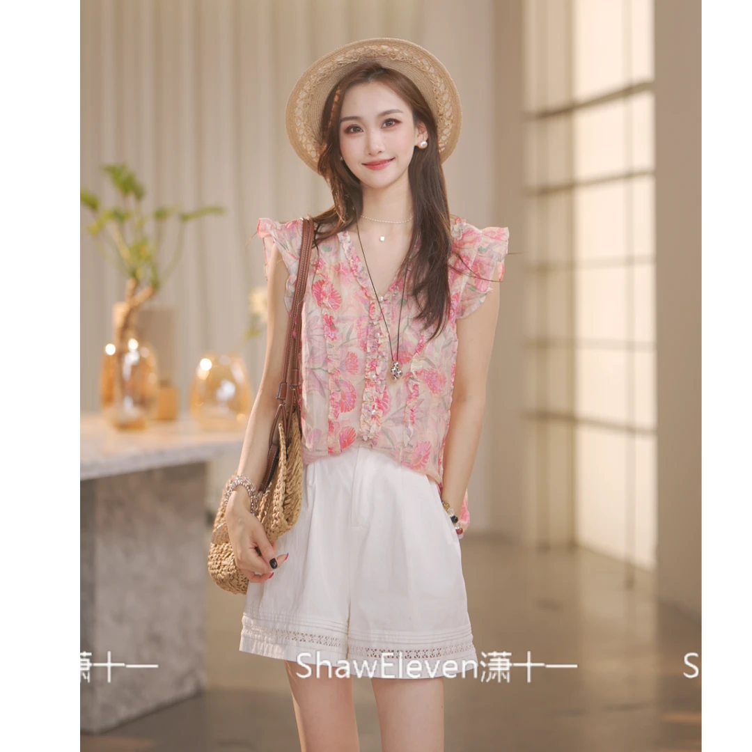 花仙子【Shaw Eleven】夏季无袖气质百搭休闲粉色苎麻衬衫881107