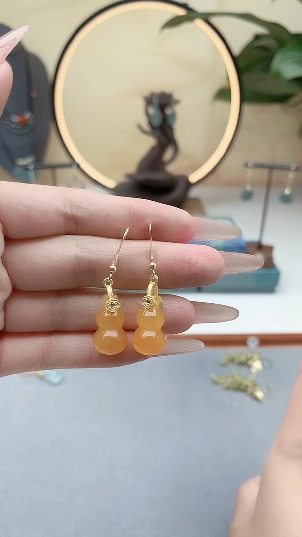 银S925镶嵌耳饰玛瑙/玉髓00黄色葫芦