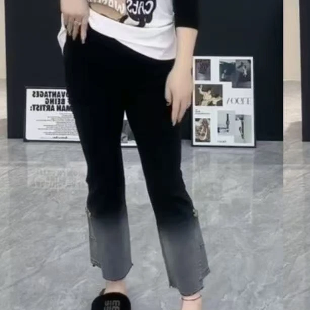 6251-春款设计感大码时尚高腰显瘦渐变色大码女裤烟筒裤