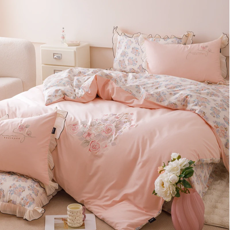 茉夏花朵公主风春夏小清新简约刺绣双面工艺四件套床单床笠款