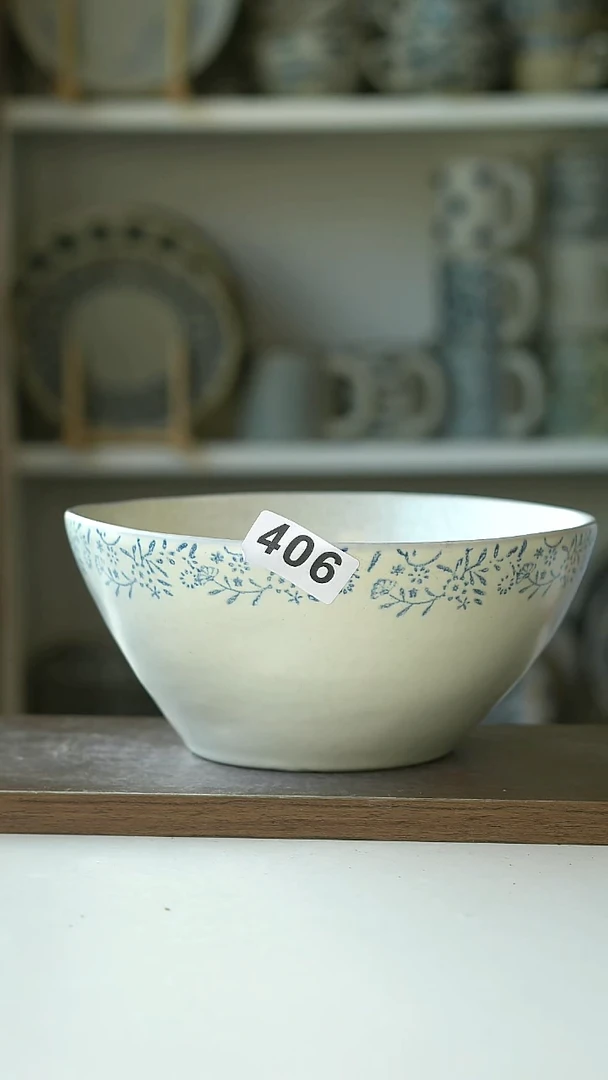 406瑕冰湖蓝繁花面碗19.5cm@4-2@